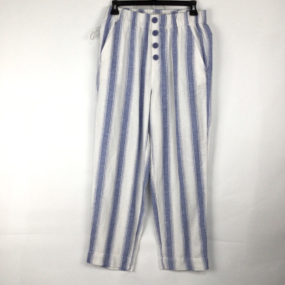 Loft High Rise Straight Linen Pants womens size XS elastic waist‎ striped